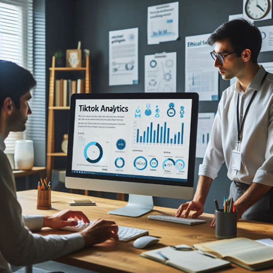 In a well-lit office, a professional examines a computer screen displaying TikTok analytics, surrounded by notes on ethical software use.
