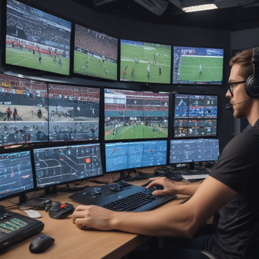 A sleek control room with software engineers optimizing live sports streaming, multiple screens showing games.