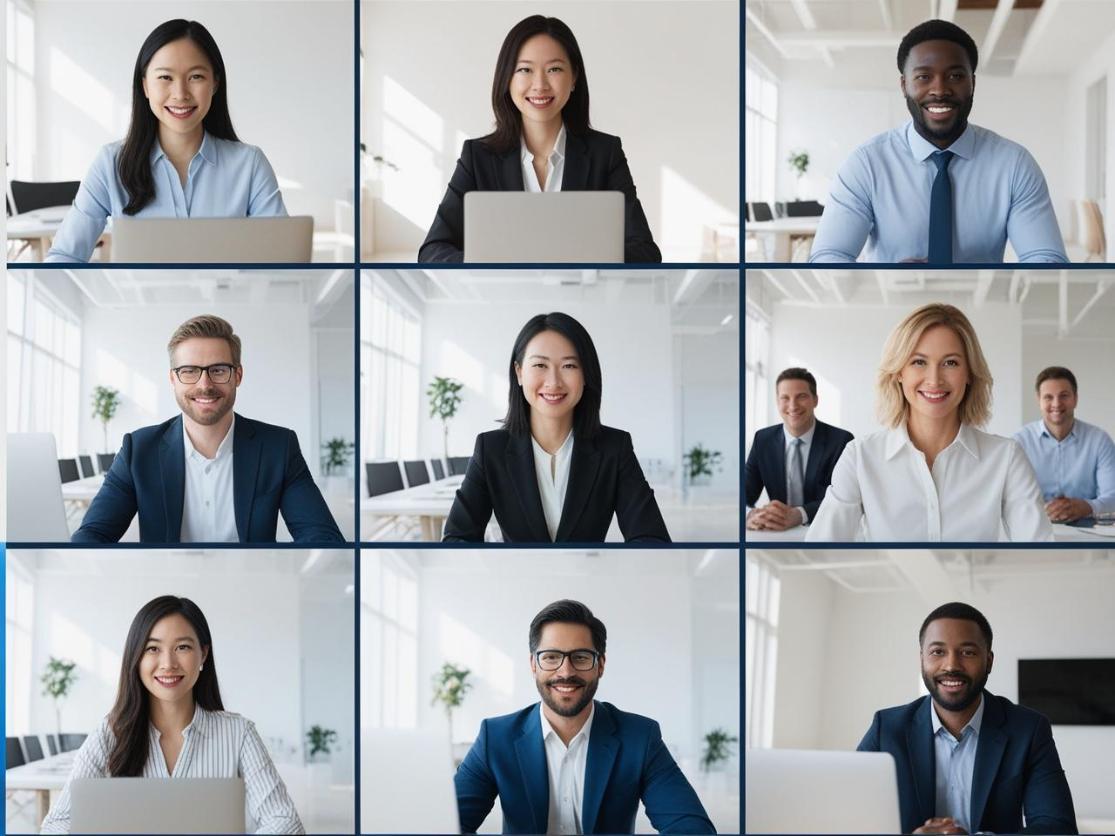 Software sales team on video call with professional AI-generated profile headshots visible.