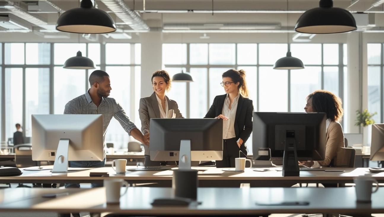 Diverse marketing team collaborating in bright office with computers and natural lighting.