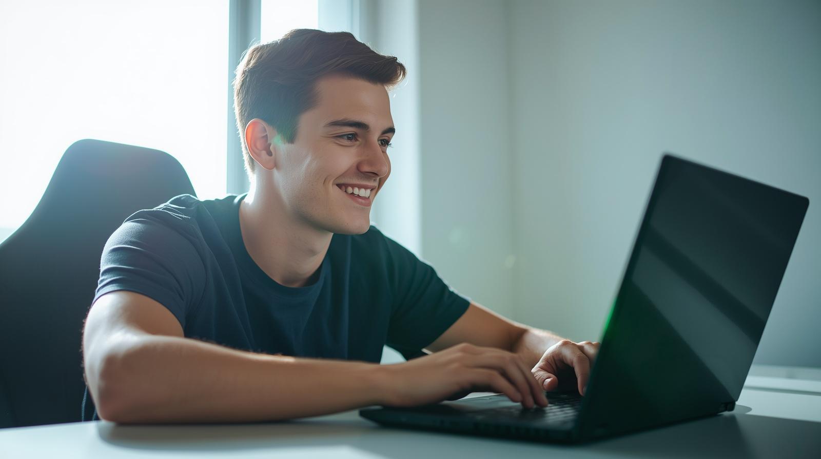 Focused gamer tracking rank progress on laptop in bright natural workspace.